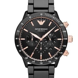 Emporio Armani Black Ceramic Watch with Rose Gold Accents Mens Watch
